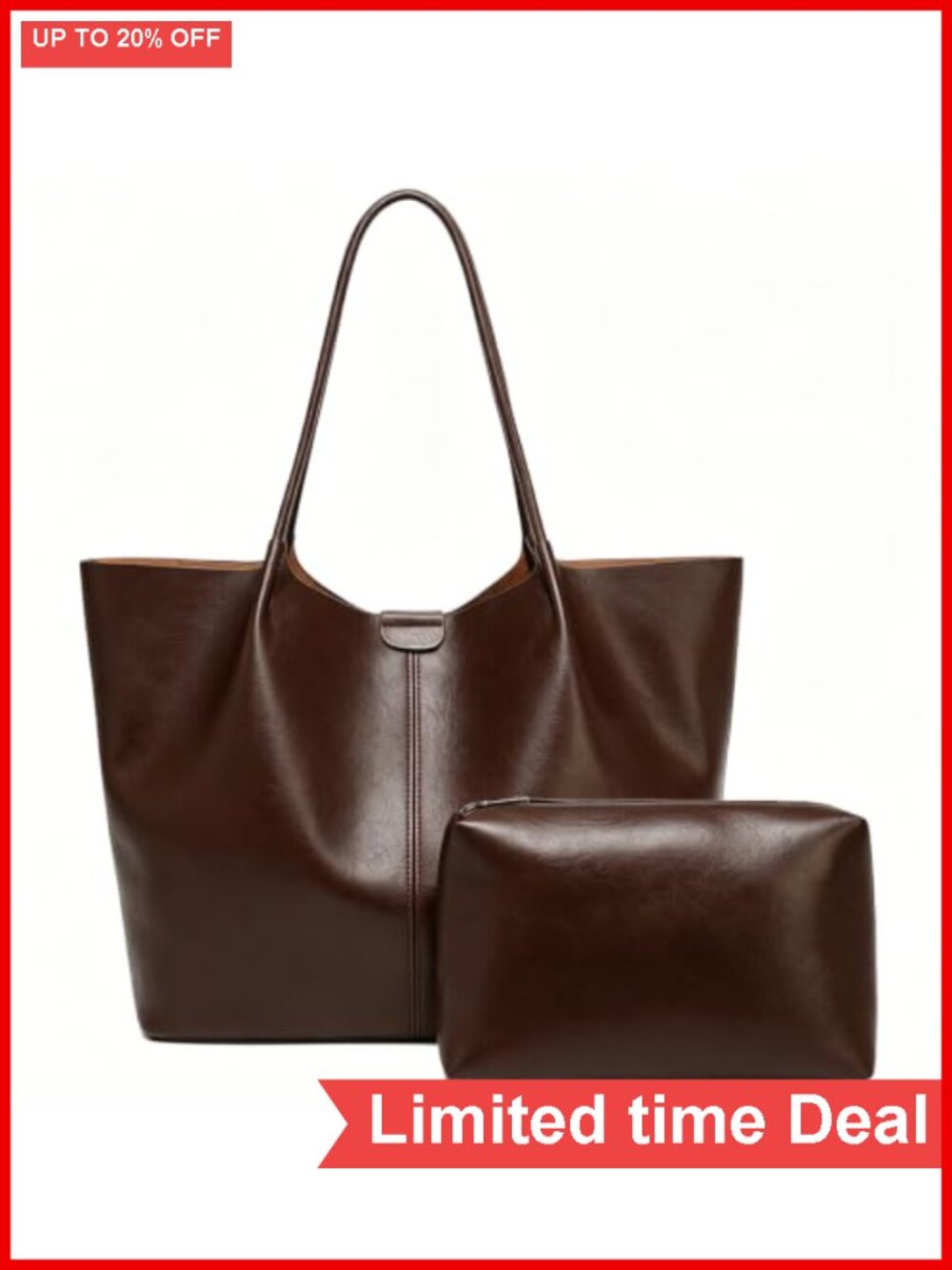 Large Faux Leather Tote Bag with Interior Pouch, Work Travel Laptop Purse